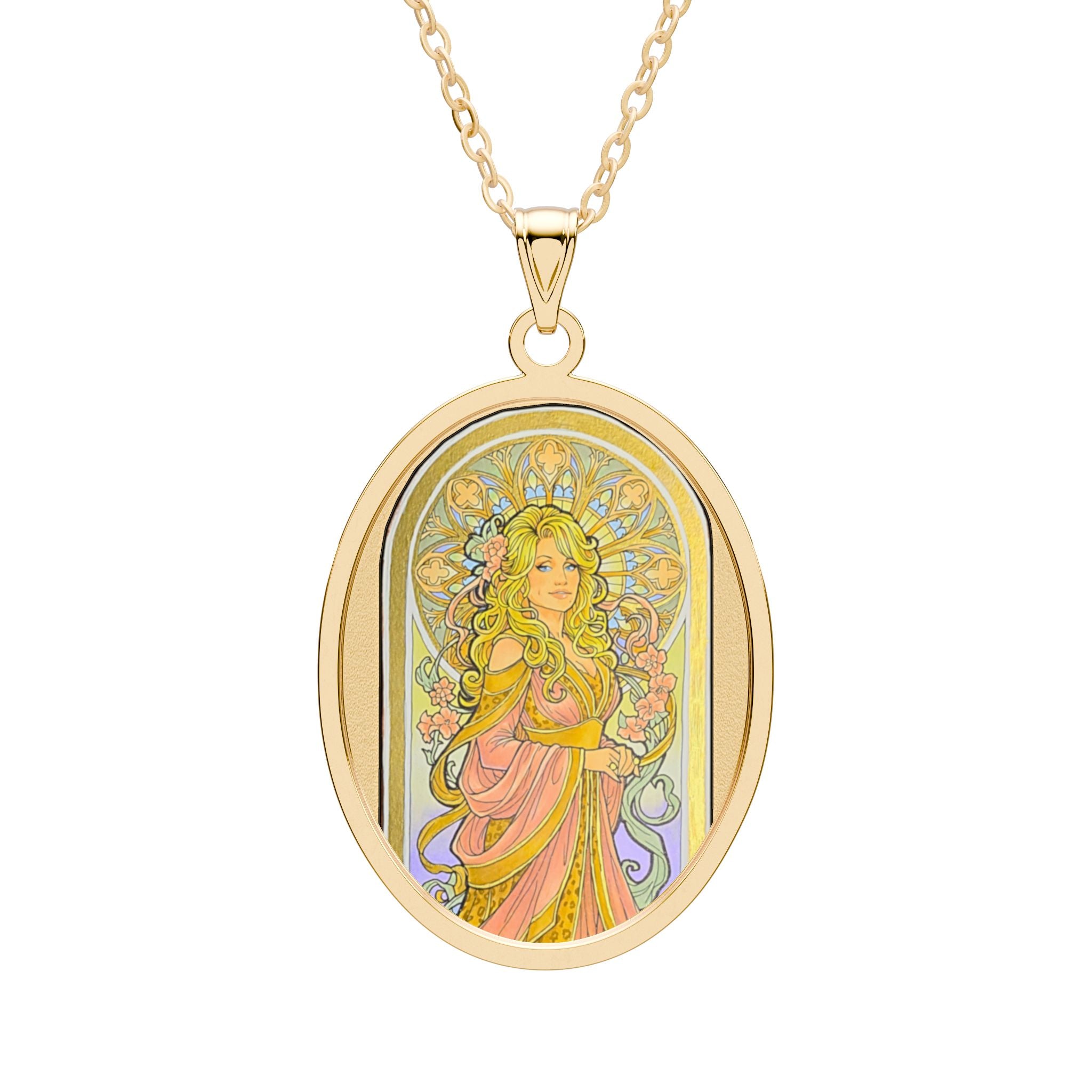Art Nouveau Floral Goddess Oval Pendant Necklace
