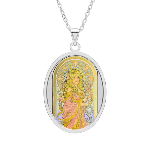 Art Nouveau Floral Goddess Oval Pendant Necklace